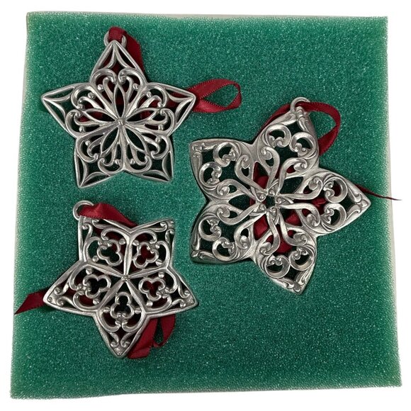 New 2001 Longaberger Pewter Star Ornament Set Of 3 Red Ribbon In Original Box - Picture 5 of 12